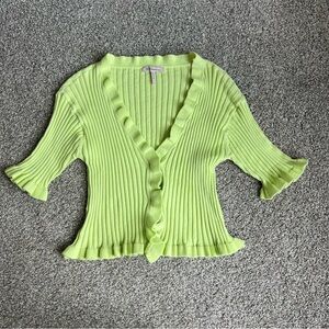 BCBGeneration Lime Green Short Sleeve Ruffle Cardigan, Size Large‎